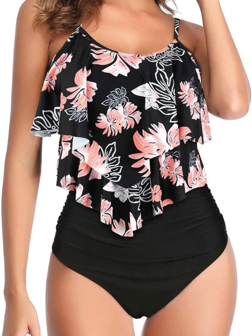 Sz M High Bikini Floral Tummy Swimsuit Vest Two Swimsuit Ruffle X002WQVBI1